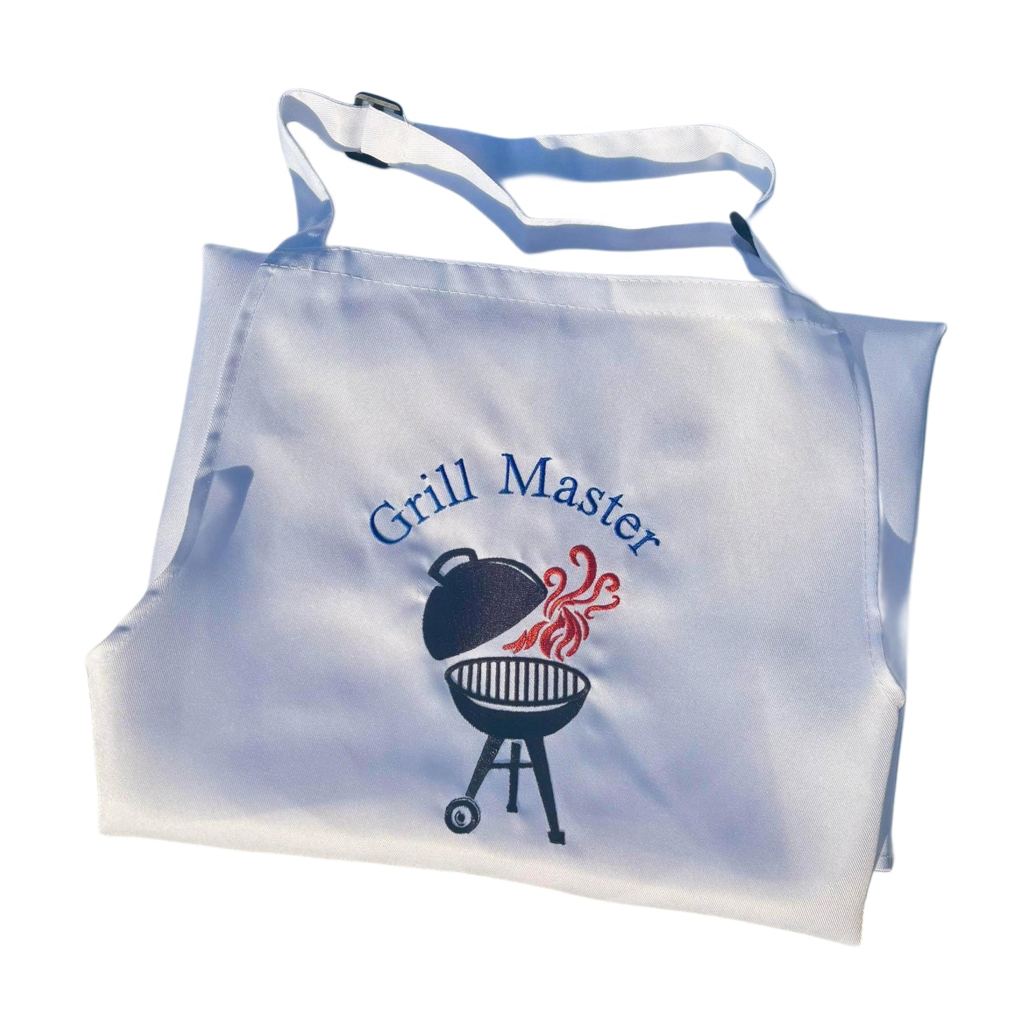 Embroidered White "Grill Master" Apron with Adjustable Neck Strap and Front Pockets