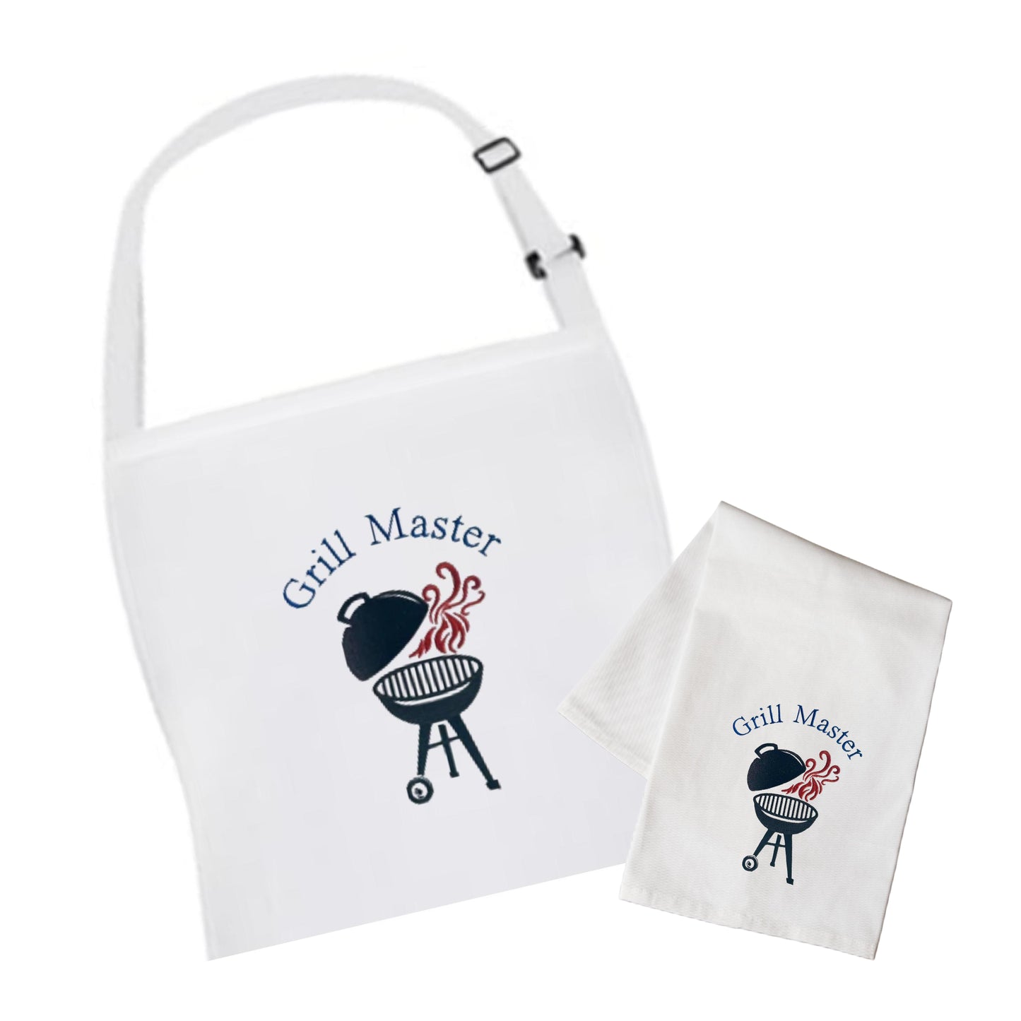Embroidered White "Grill Master" Apron & Matching Tea Towel