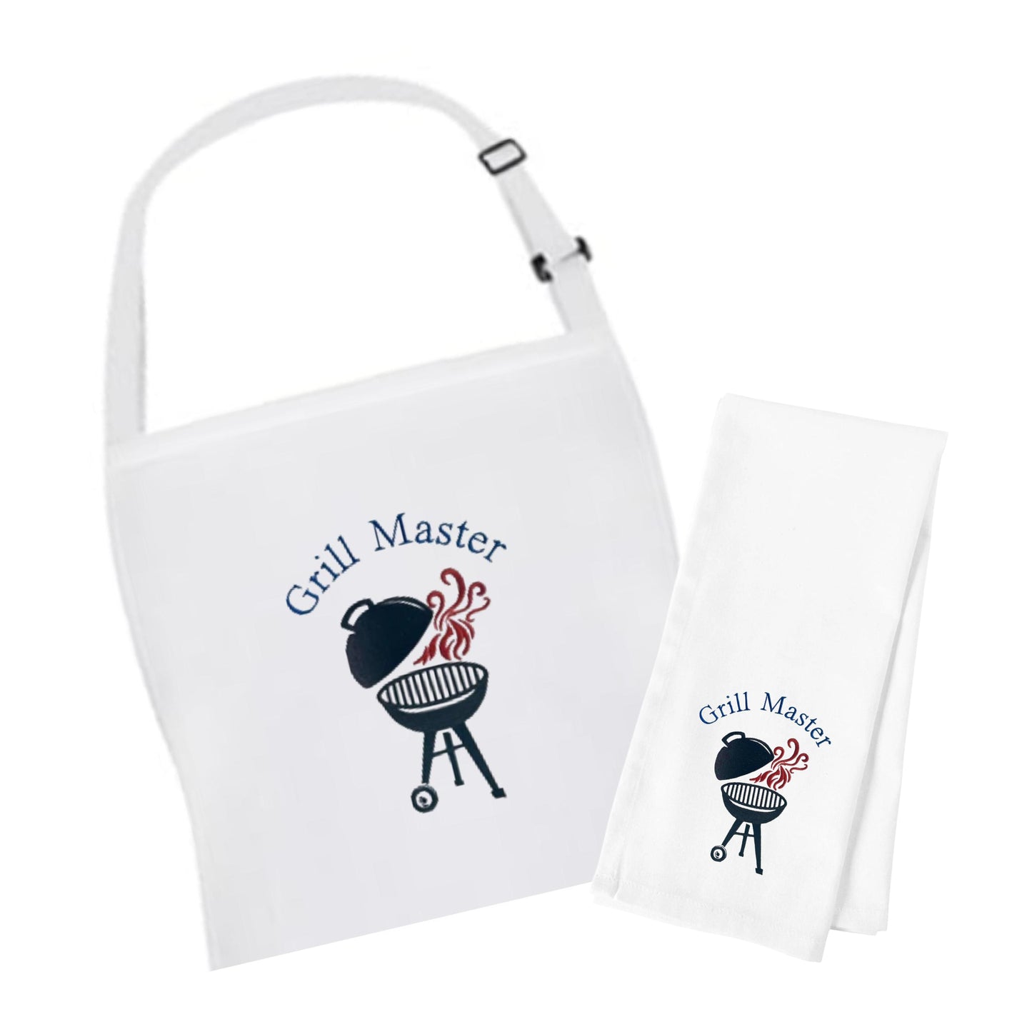 Embroidered White "Grill Master" Apron & Matching Tea Towel