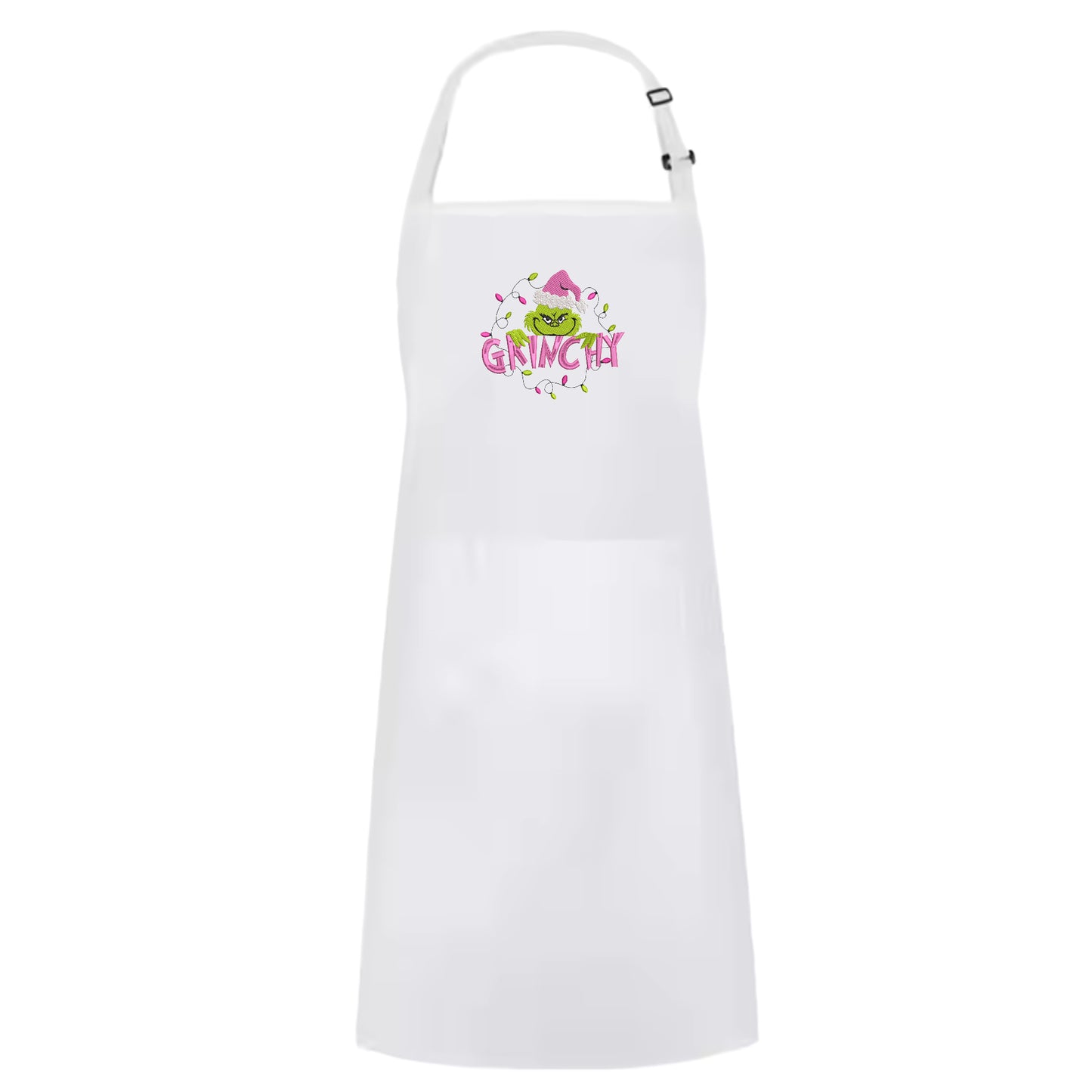 White Embroidered Gr*nch Holiday Apron with Adjustable Neck Strap and Front Pockets