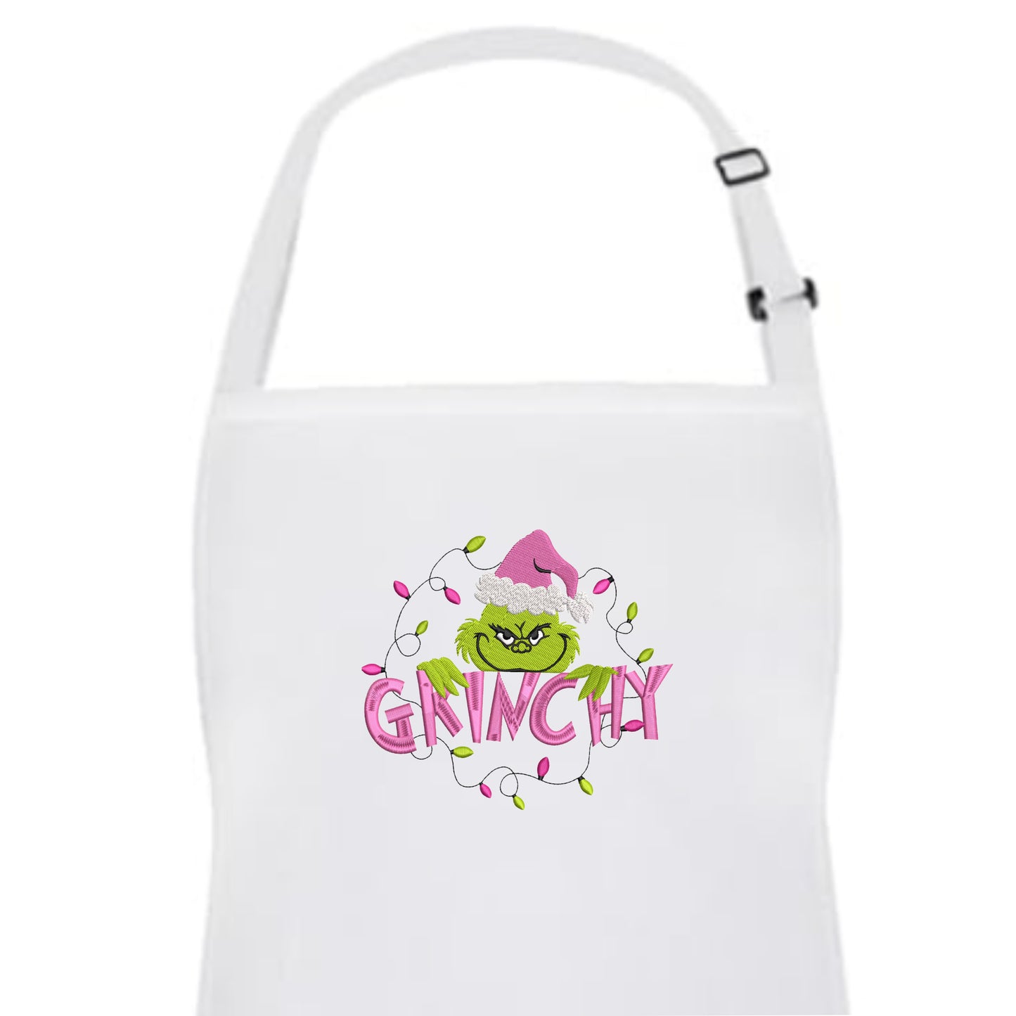White Embroidered Gr*nch Holiday Apron with Adjustable Neck Strap and Front Pockets