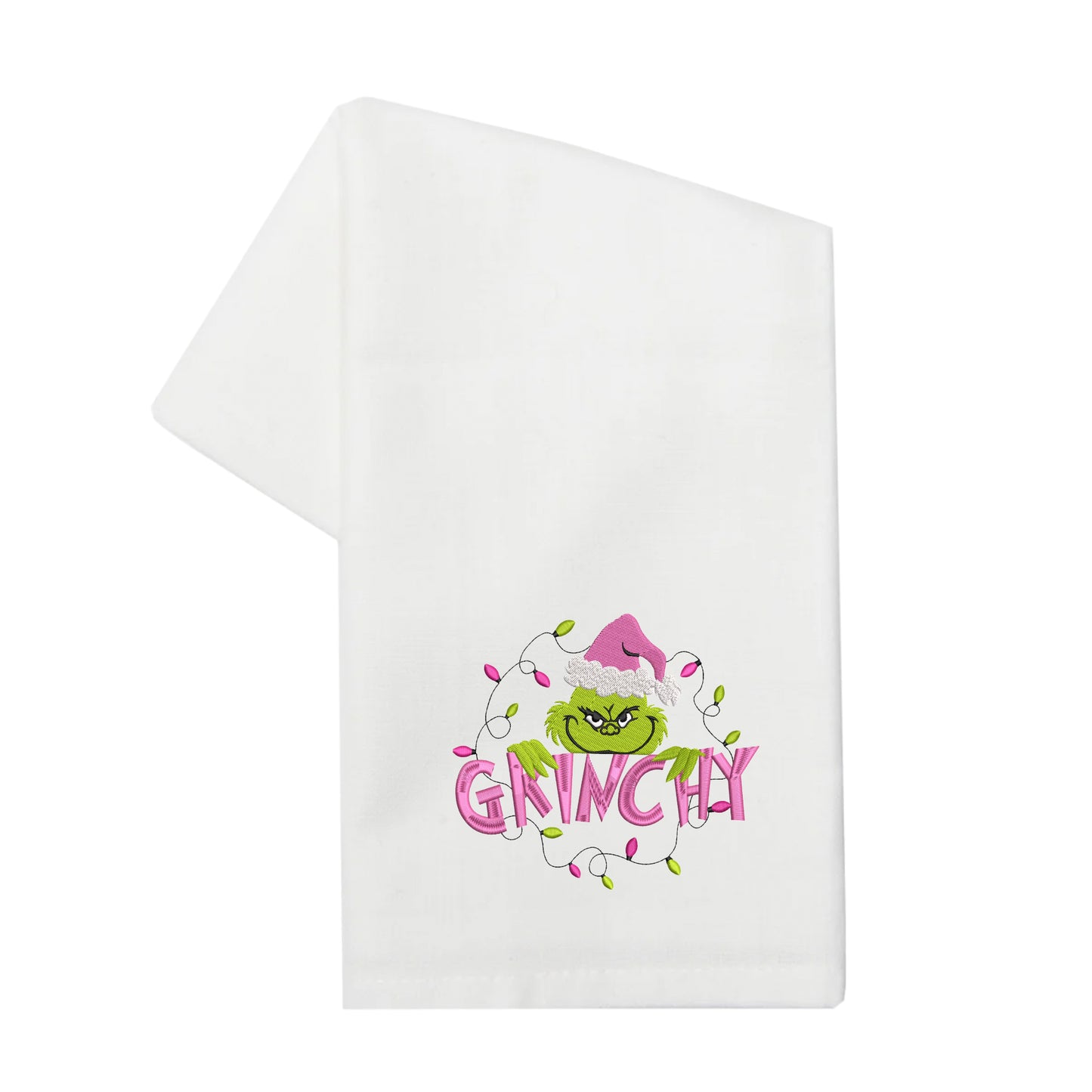 Embroidered Pink & Green Grinch White Kitchen Holiday Tea Towel