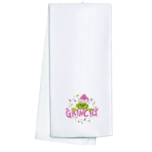 Embroidered Pink & Green Grinch White Kitchen Holiday Tea Towel