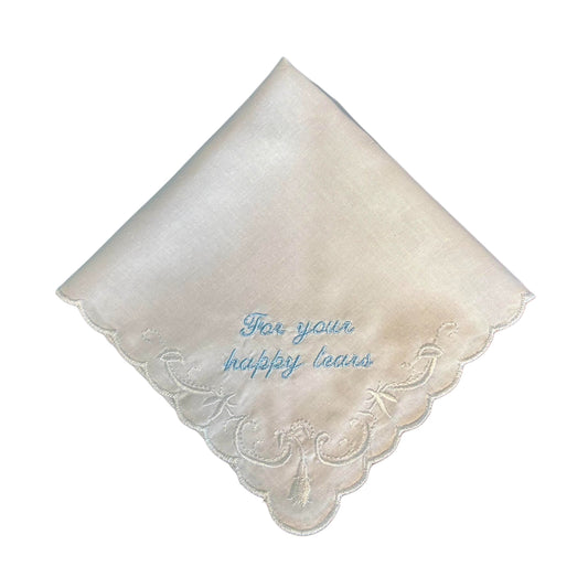 Blue Embroidered 'For Your Happy Tears' Bridal White Handkerchief