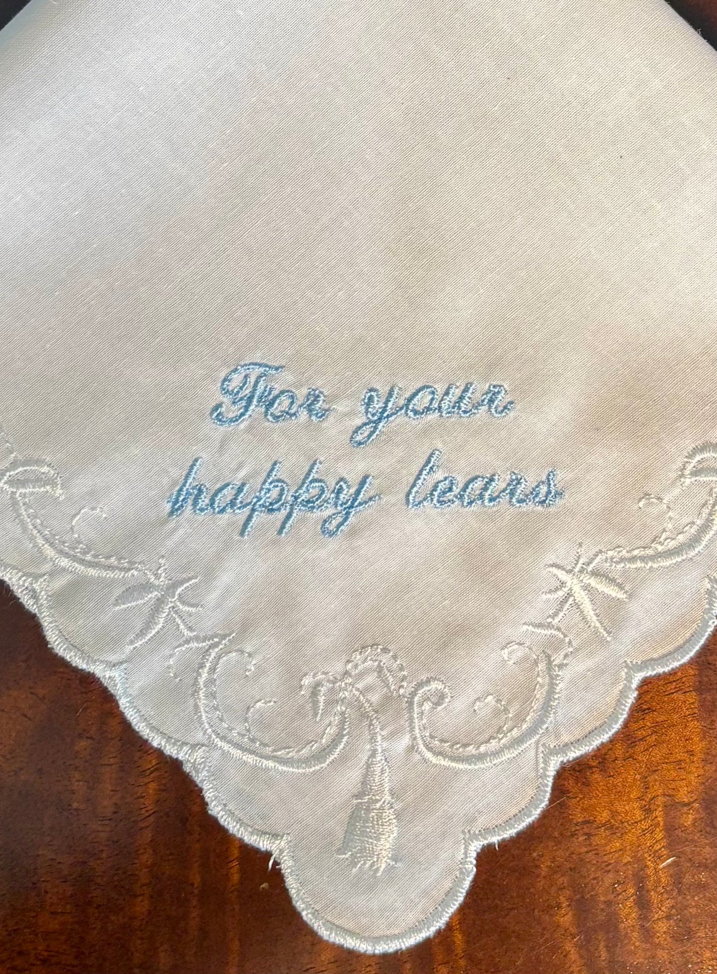 Blue Embroidered 'For Your Happy Tears' Bridal White Handkerchief