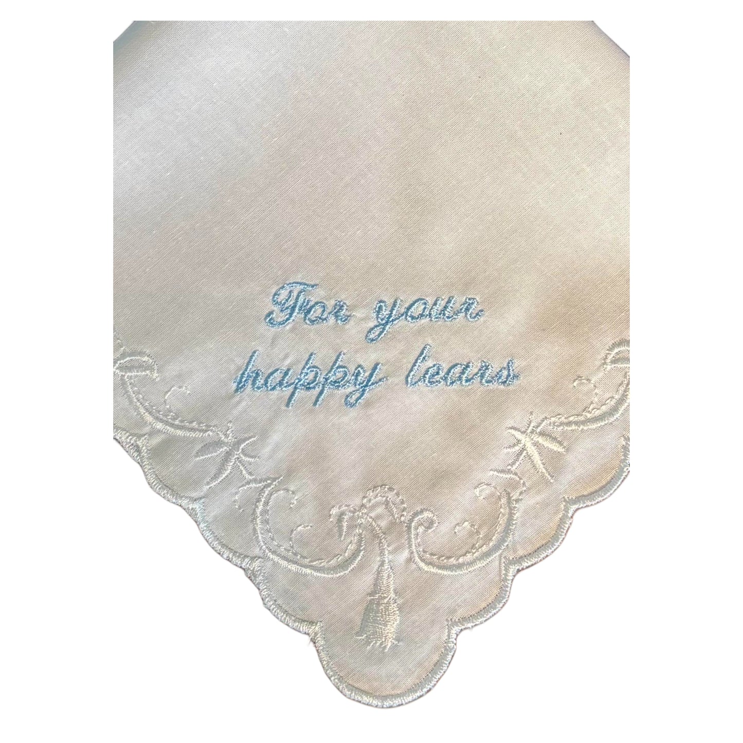 Blue Embroidered 'For Your Happy Tears' Bridal White Handkerchief