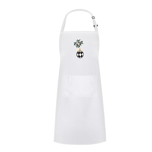 White Embroidered Harlequin Ornament Holiday Apron with Adjustable Neck Strap and Front Pockets