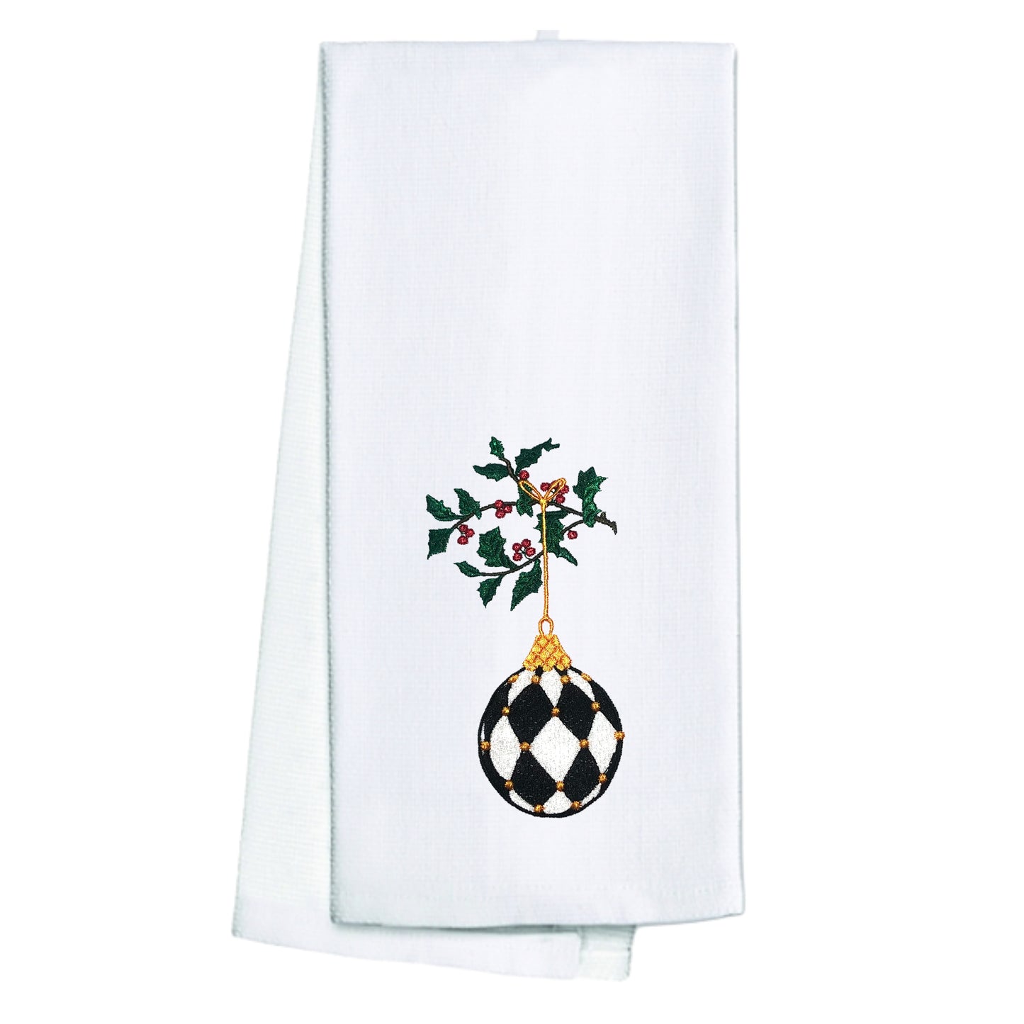 Embroidered Harlequin Ornament White Kitchen Holiday Tea Towel