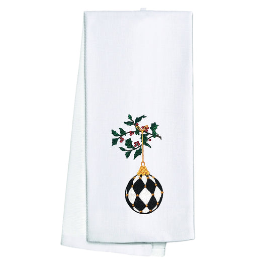 Embroidered Harlequin Ornament White Kitchen Holiday Tea Towel