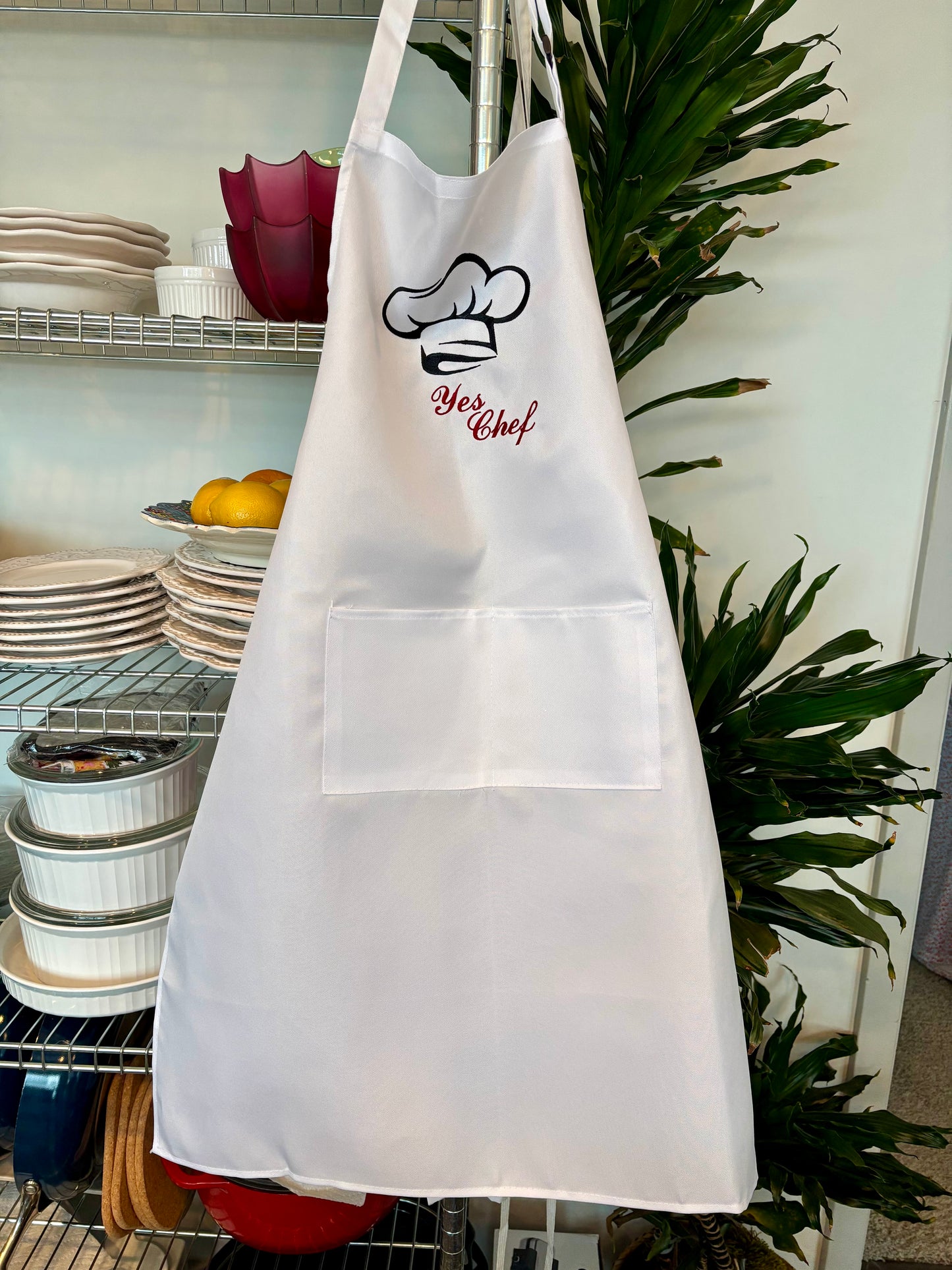 Embroidered White "Yes Chef" Apron with Adjustable Neck Strap and Front Pockets