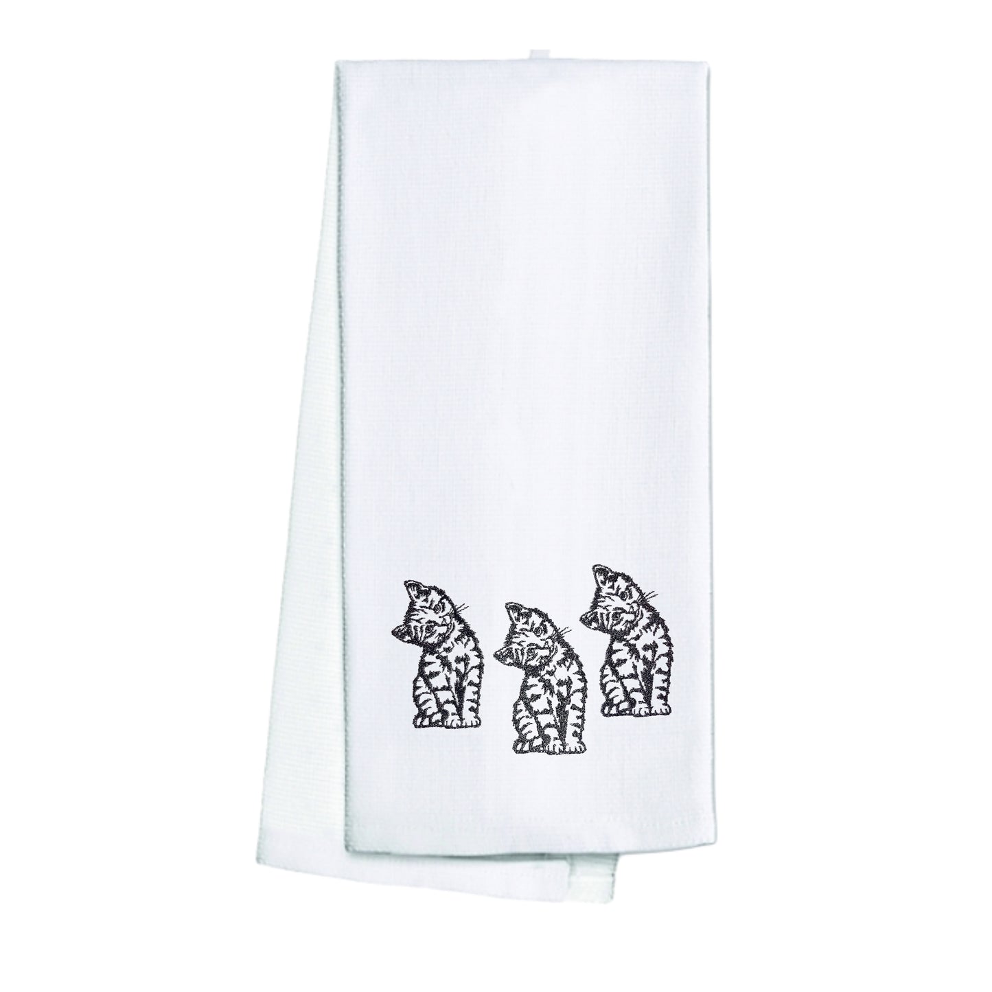 Embroidered 3 Kittens with Tilted Heads White Kitchen Towel Tea Towel