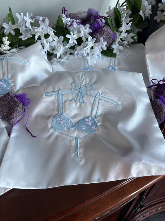 Elegant White Satin Lingerie Bag with Blue Embroidered Design 12"x16" Premium Dust Protection Storage Solution for Travel & Gift Wrapping