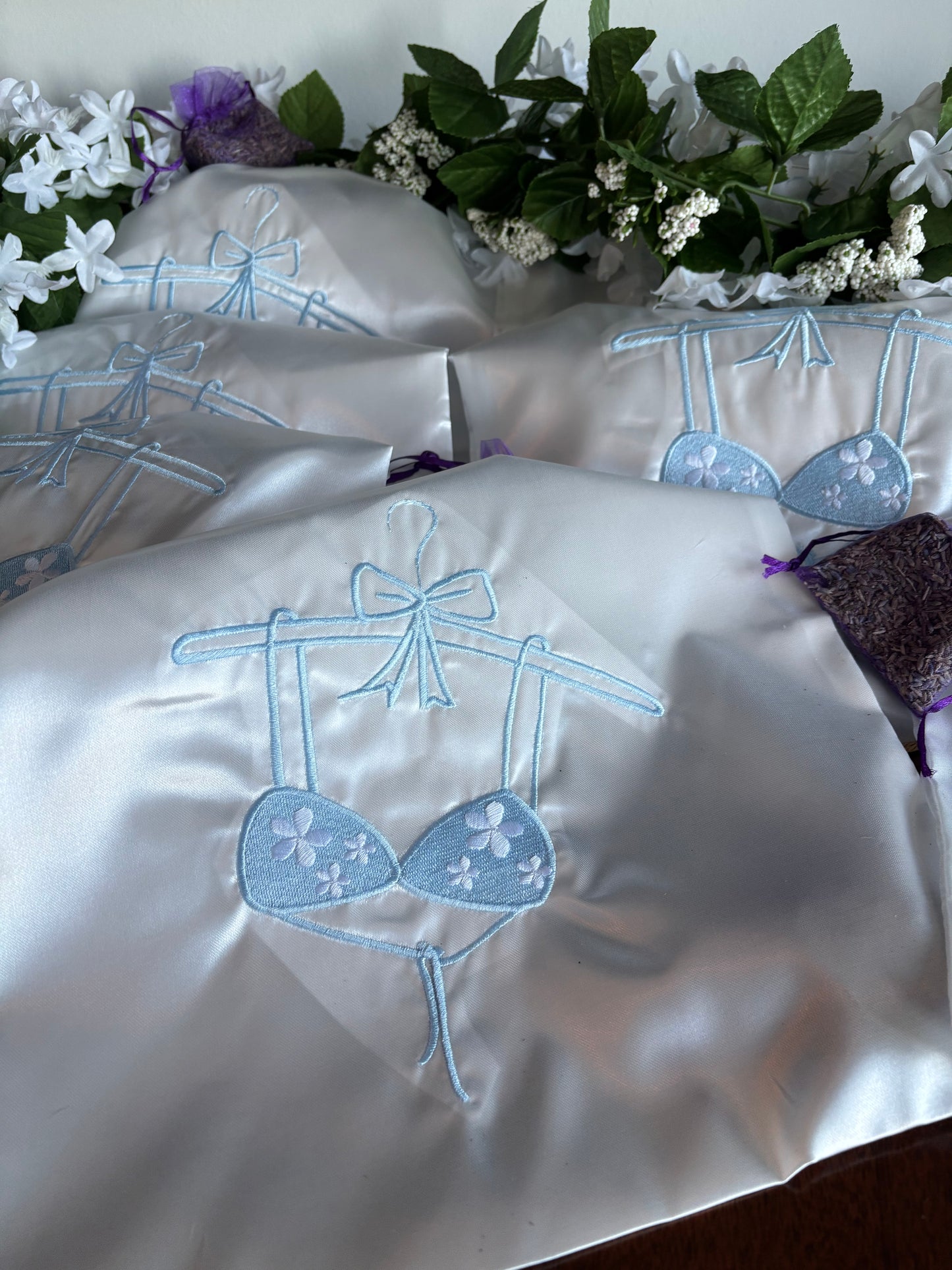 Elegant White Satin Lingerie Bag with Blue Embroidered Design 12"x16" Premium Dust Protection Storage Solution for Travel & Gift Wrapping