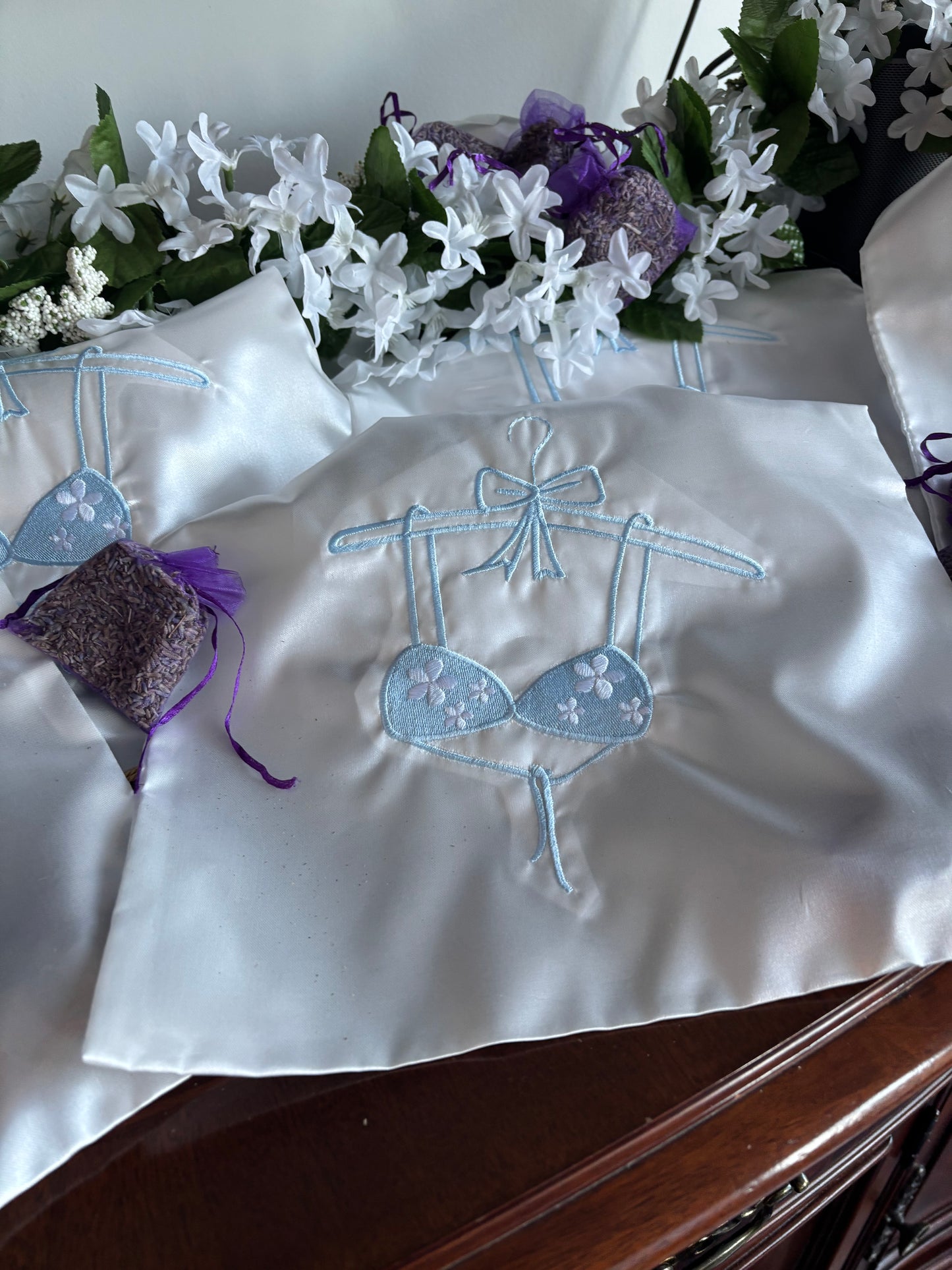 Elegant White Satin Lingerie Bag with Blue Embroidered Design 12"x16" Premium Dust Protection Storage Solution for Travel & Gift Wrapping