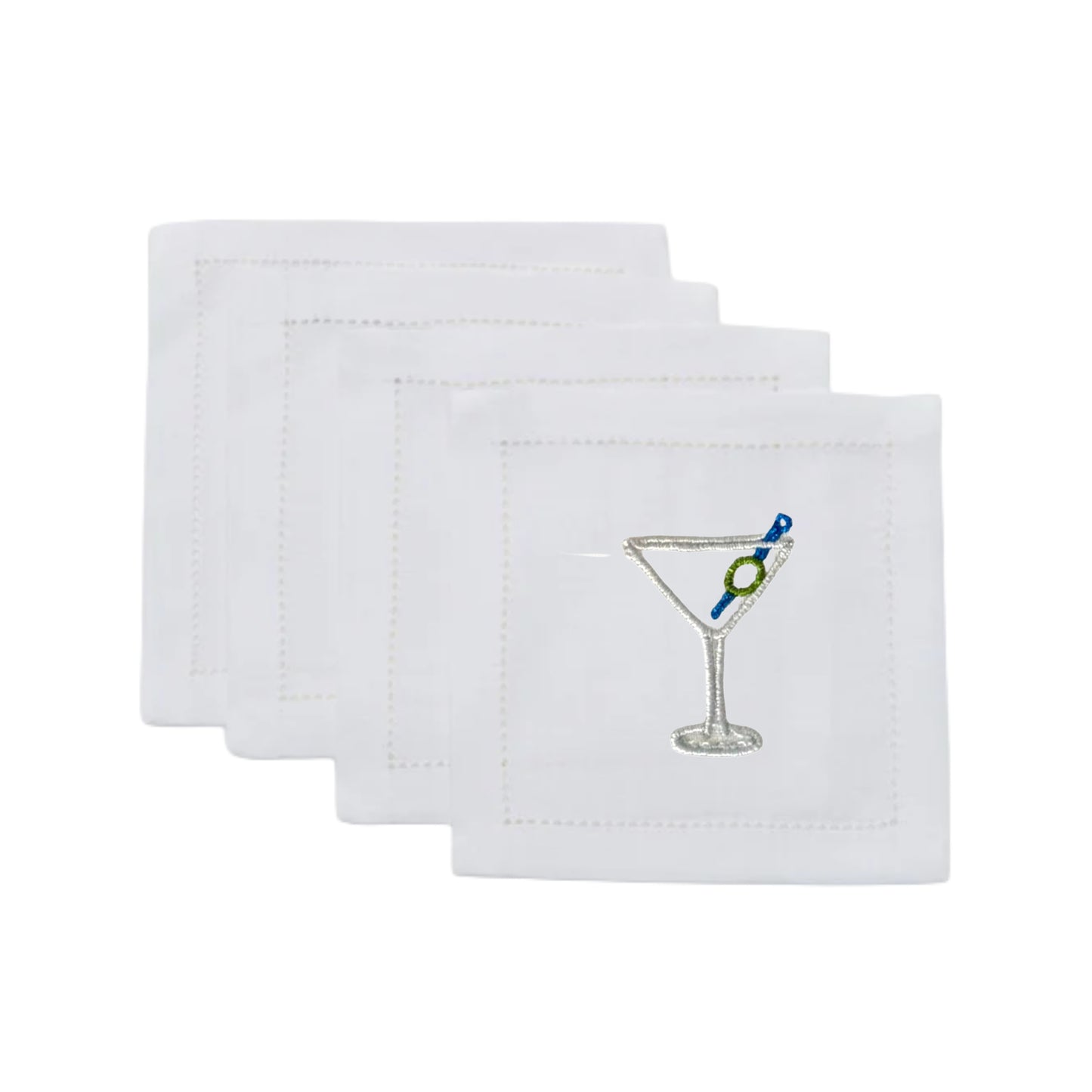 White Linen Embroidered Large Martini Cocktail Napkins