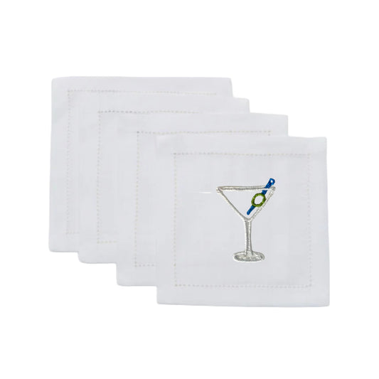 White Linen Embroidered Large Martini Cocktail Napkins