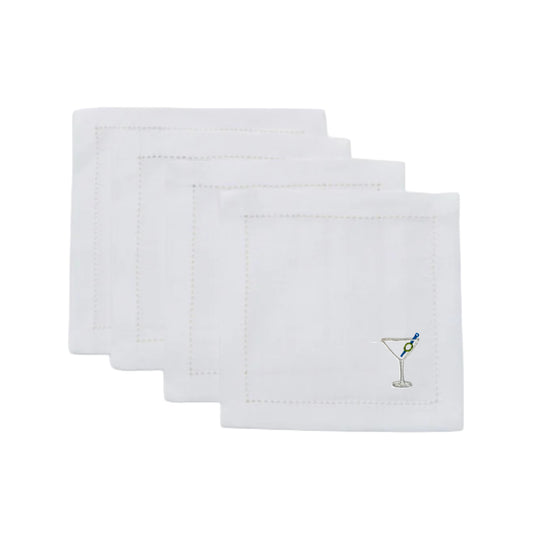 White Linen Embroidered Martini Cocktail Napkins