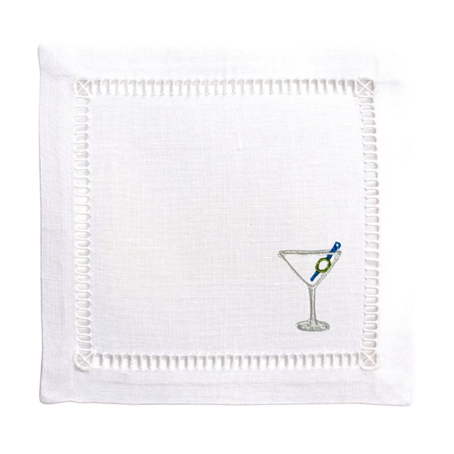 White Linen Embroidered Martini Cocktail Napkins