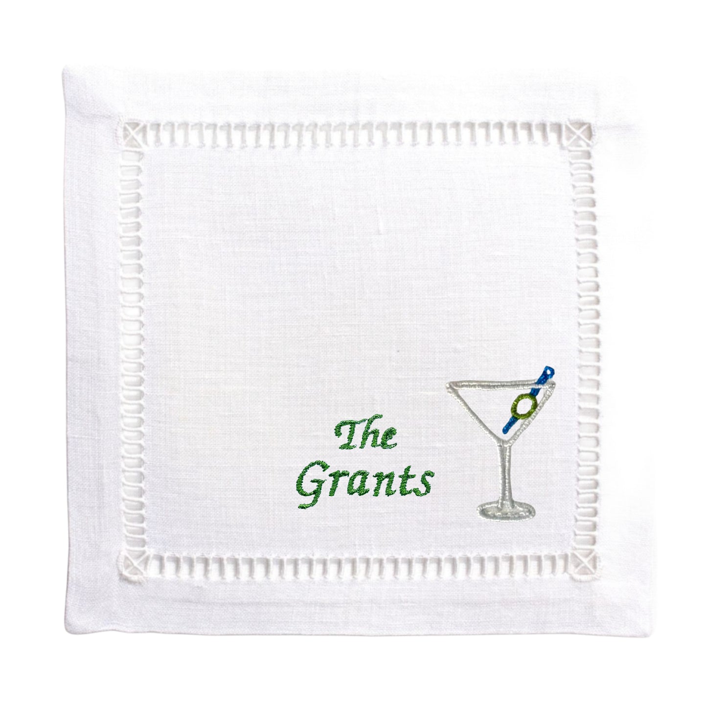 Customized White Linen Embroidered Martini Cocktail Napkins