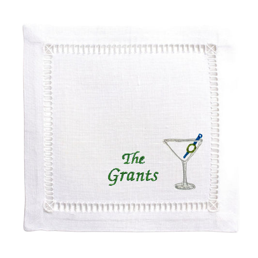Customized White Linen Embroidered Martini Cocktail Napkins