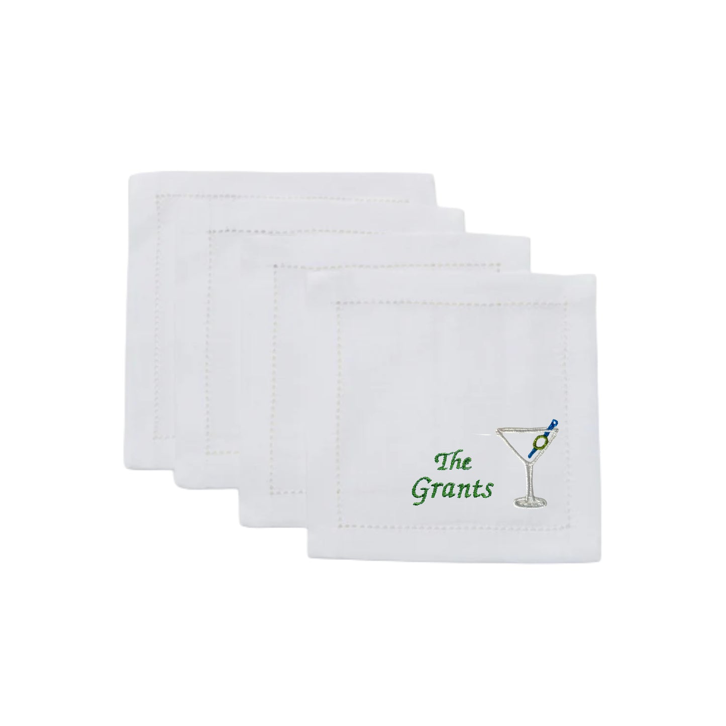 Customized White Linen Embroidered Martini Cocktail Napkins