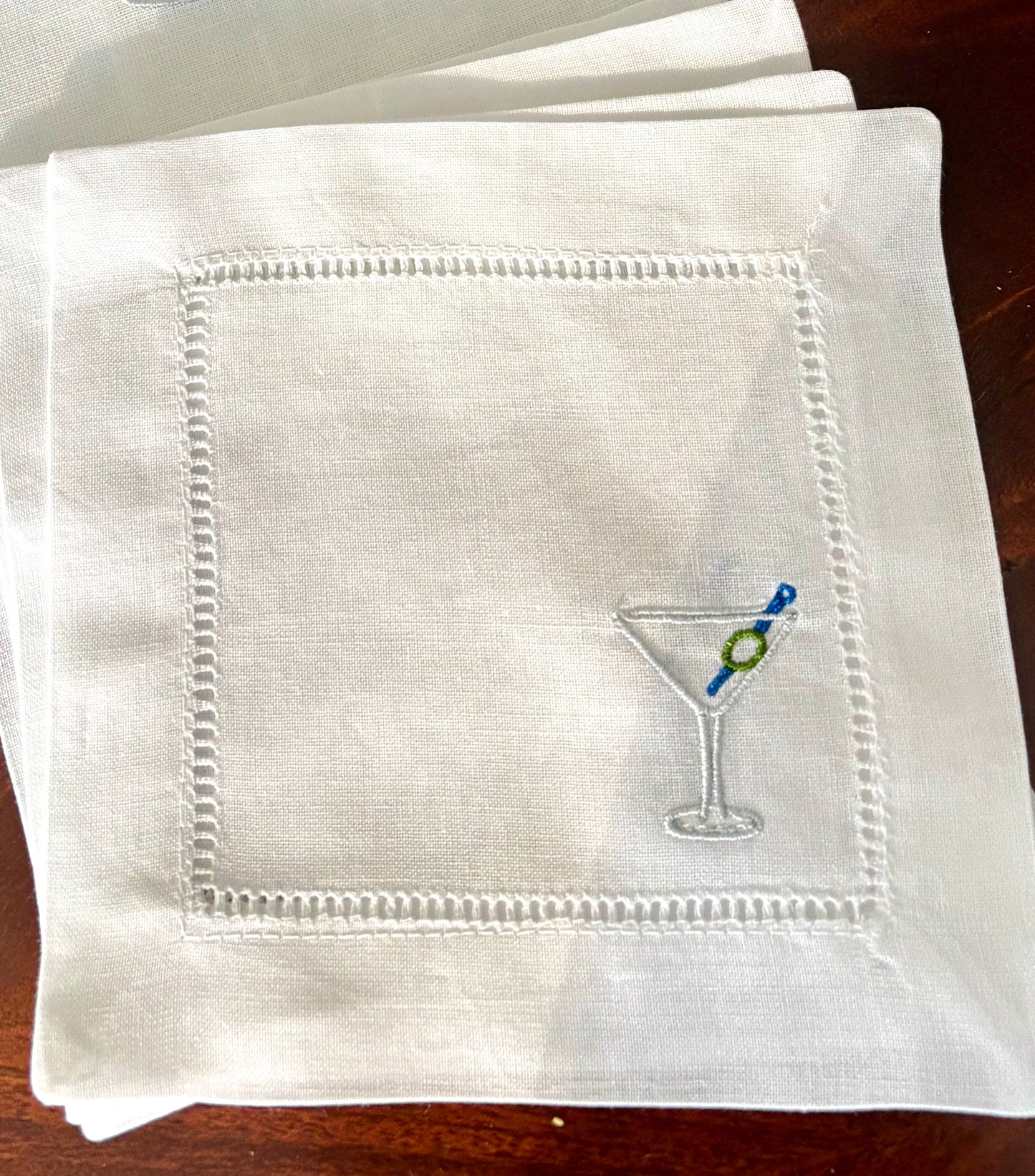 White Linen Embroidered Martini Cocktail Napkins