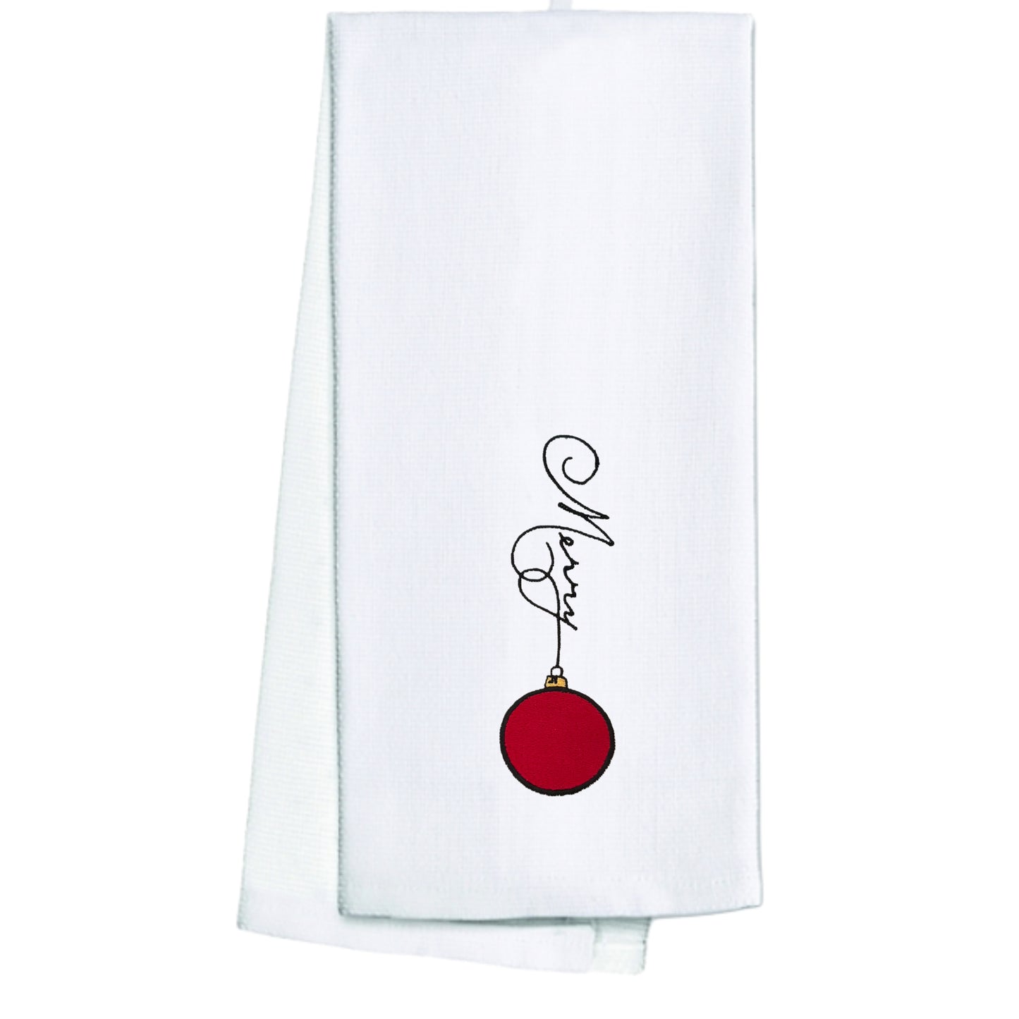 Embroidered Merry Red Ornament White Kitchen Holiday Tea Towel