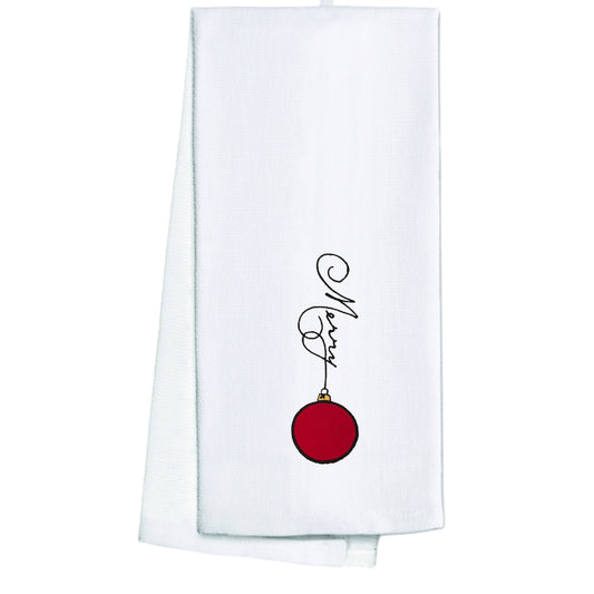 Embroidered Merry Red Ornament White Kitchen Holiday Tea Towel