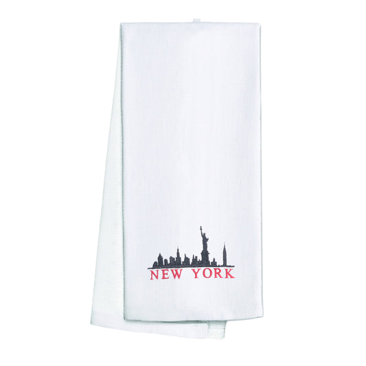 Embroidered New York City White Hem Stitched Linen Tea Towel Hand Towel Gift Hostess Gift