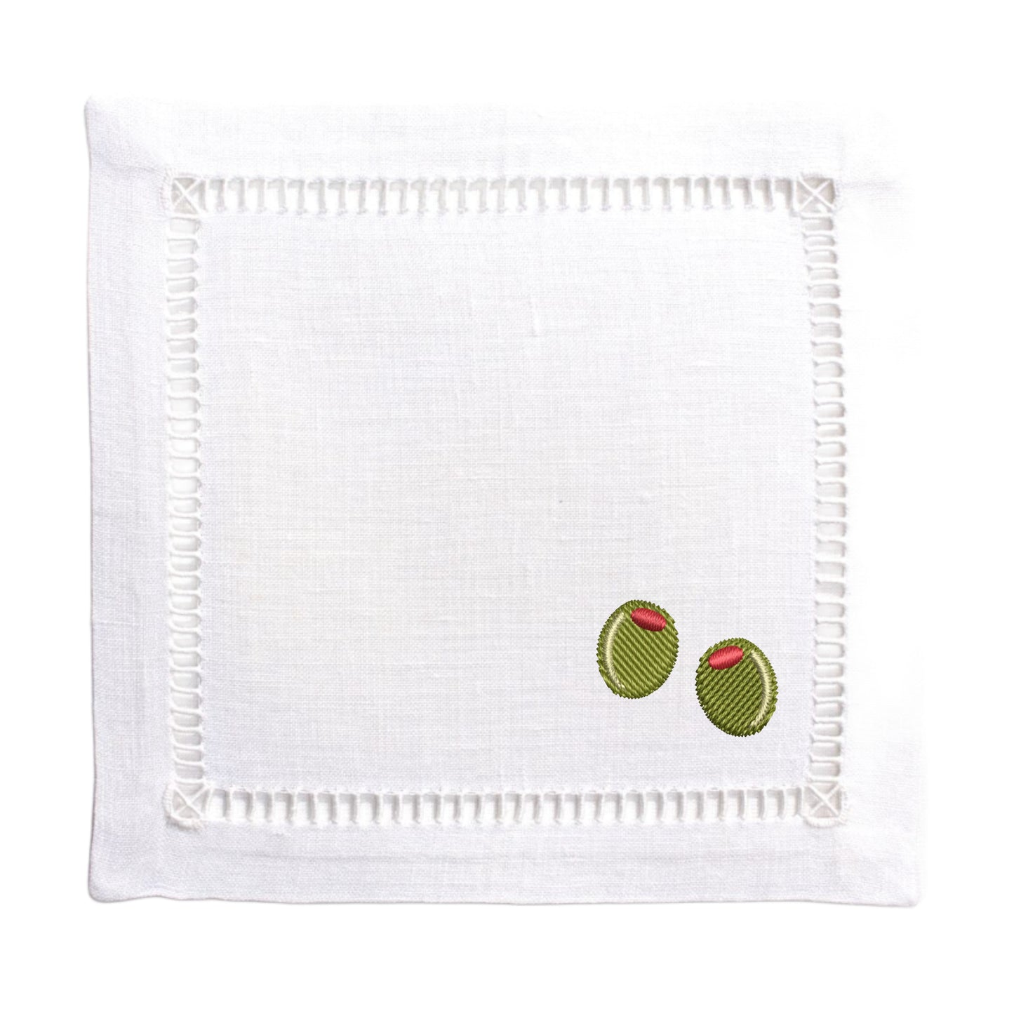White Linen Embroidered Olives Cocktail Napkins