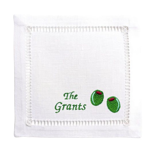 Customized White Linen Embroidered Olives Cocktail Napkins