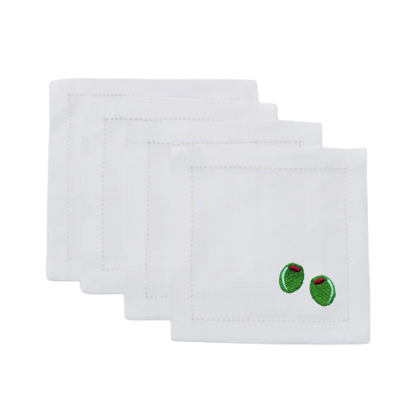 White Linen Embroidered Olives Cocktail Napkins