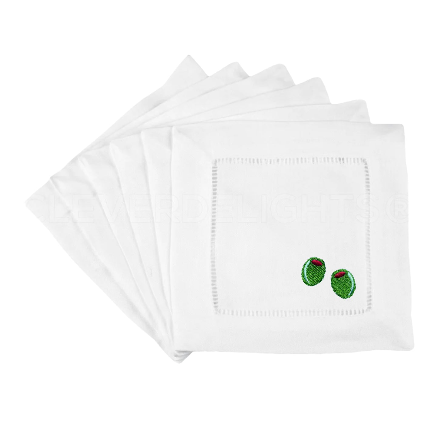 White Linen Embroidered Olives Cocktail Napkins