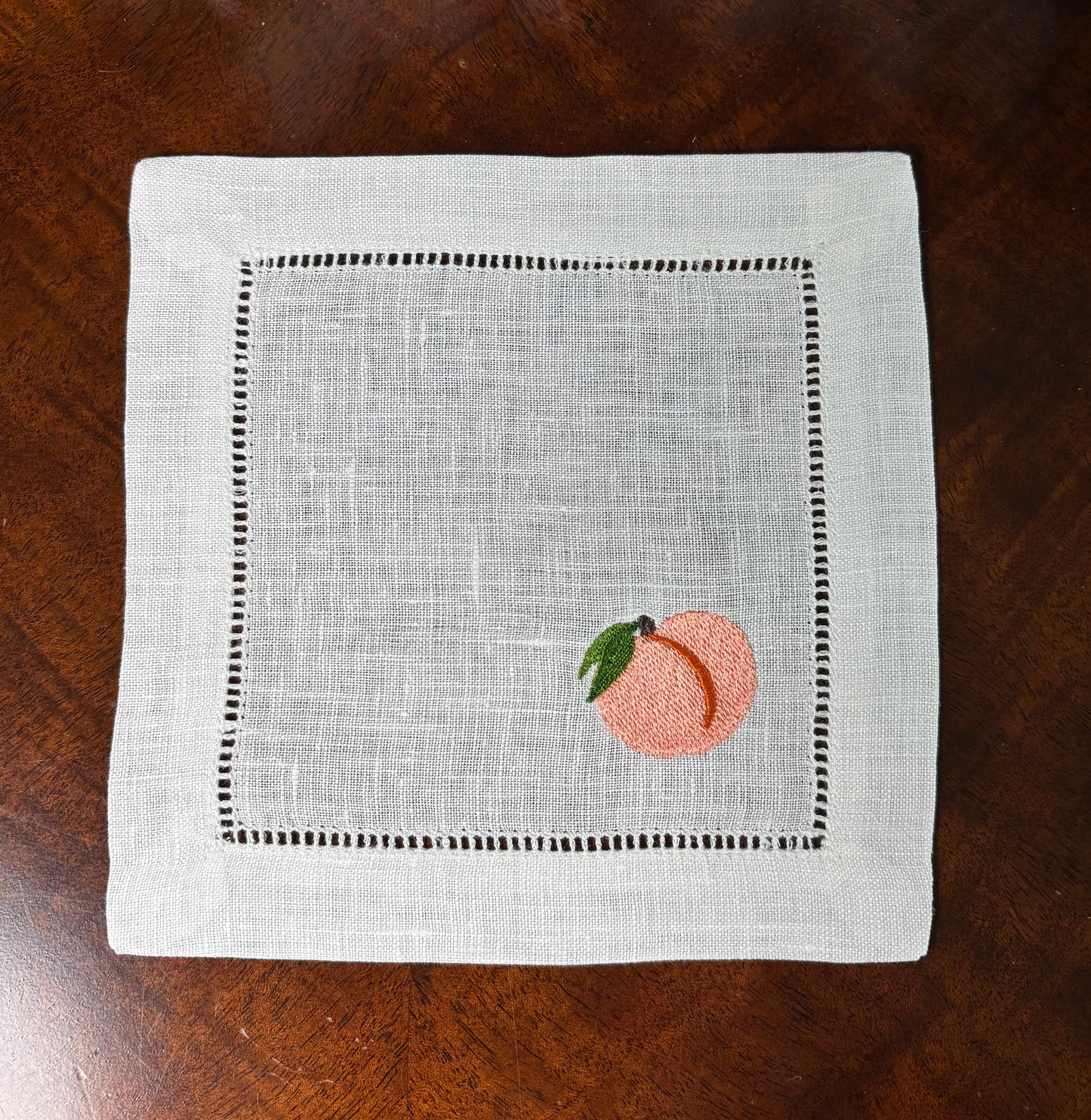 White Linen Embroidered Peach Napkins
