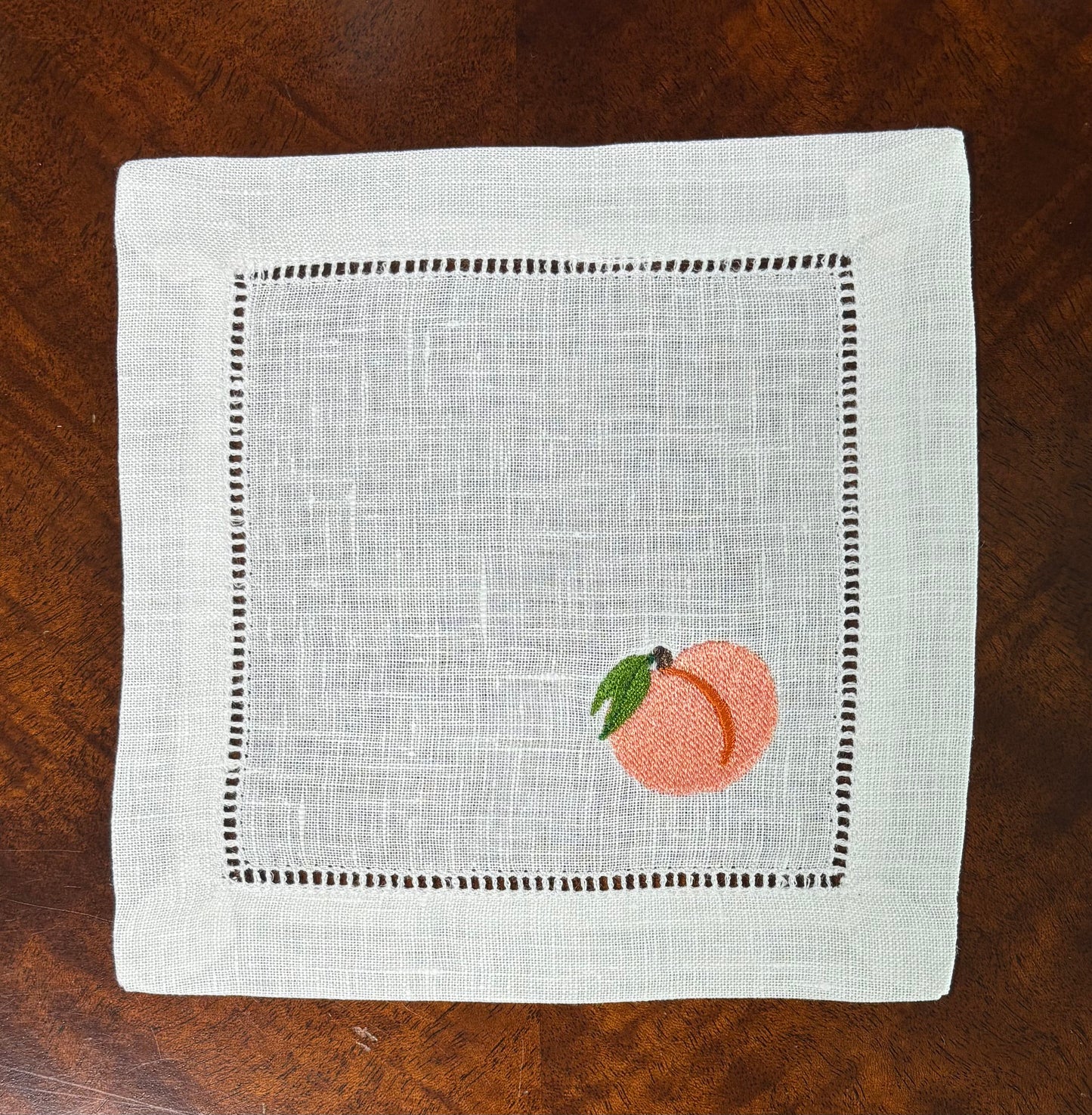 White Linen Embroidered Peach Napkins
