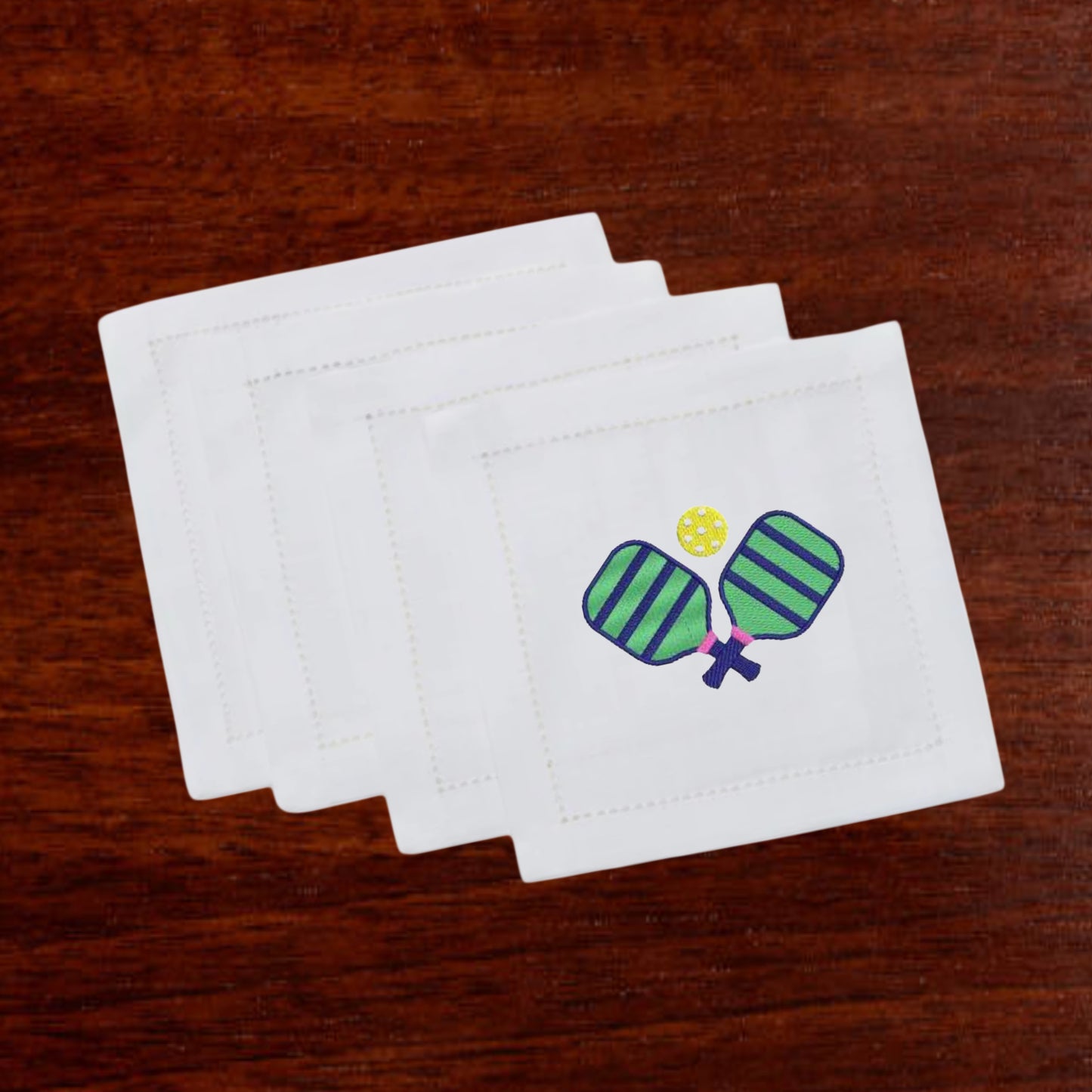 White Linen Embroidered Pickleball Napkins