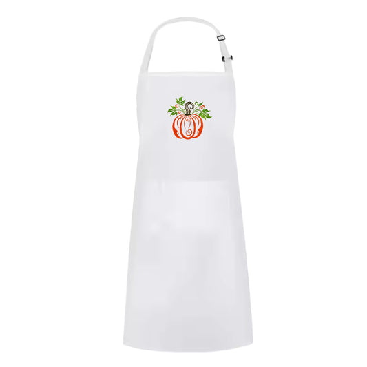 Embroidered White Halloween Fall Pumpkin Apron with Adjustable Neck Strap and Front Pockets