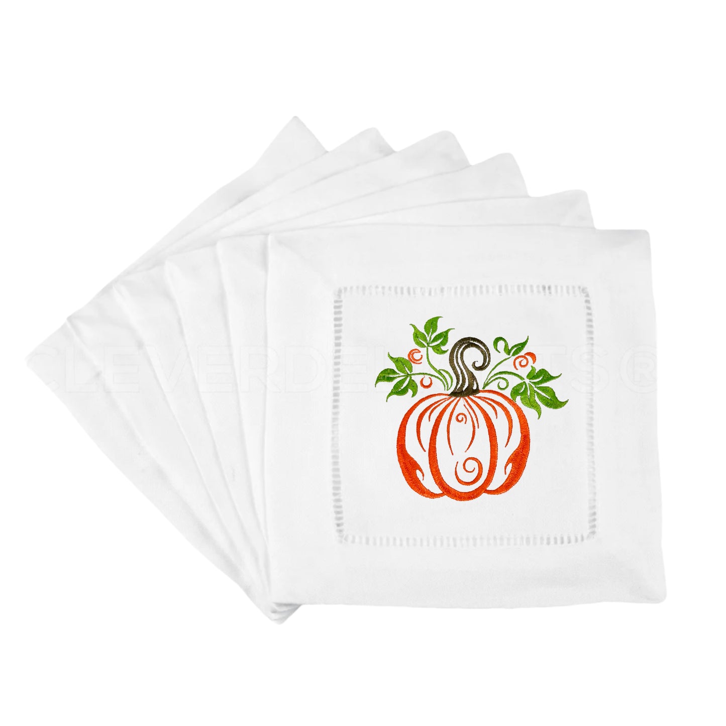 White Linen Embroidered Fall Pumpkin Napkins