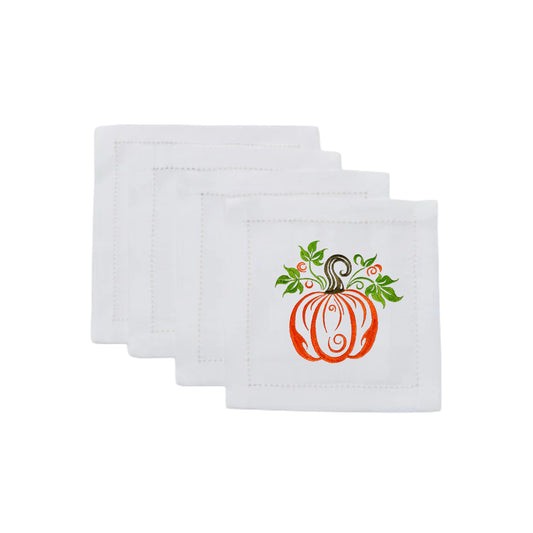 White Linen Embroidered Fall Pumpkin Napkins