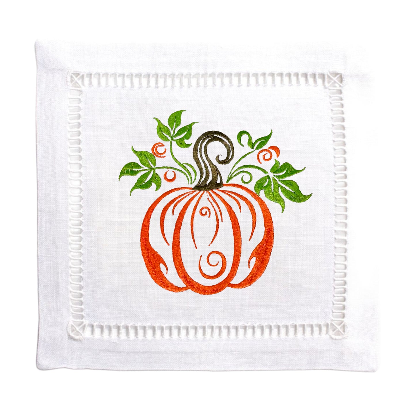 White Linen Embroidered Fall Pumpkin Napkins