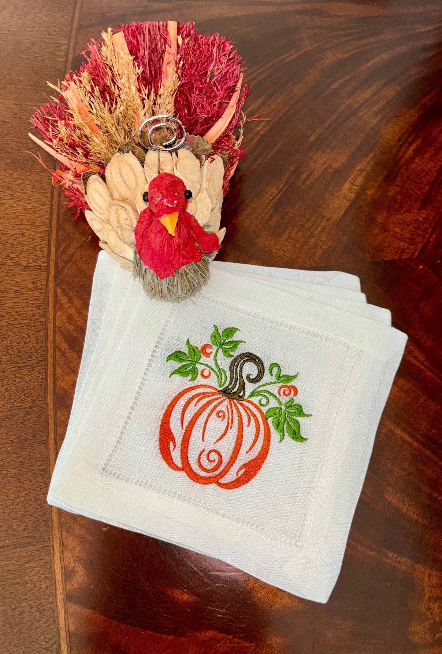 White Linen Embroidered Fall Pumpkin Napkins