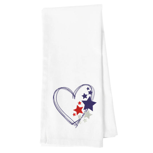 Embroidered Blue Heart with Red White & Blue Stars White Kitchen Towel Tea Towel