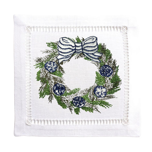 White Linen Embroidered Blue Wreath Napkins