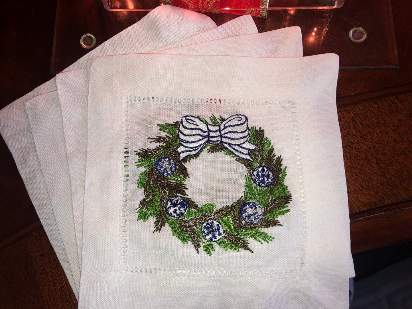 White Linen Embroidered Blue Wreath Napkins