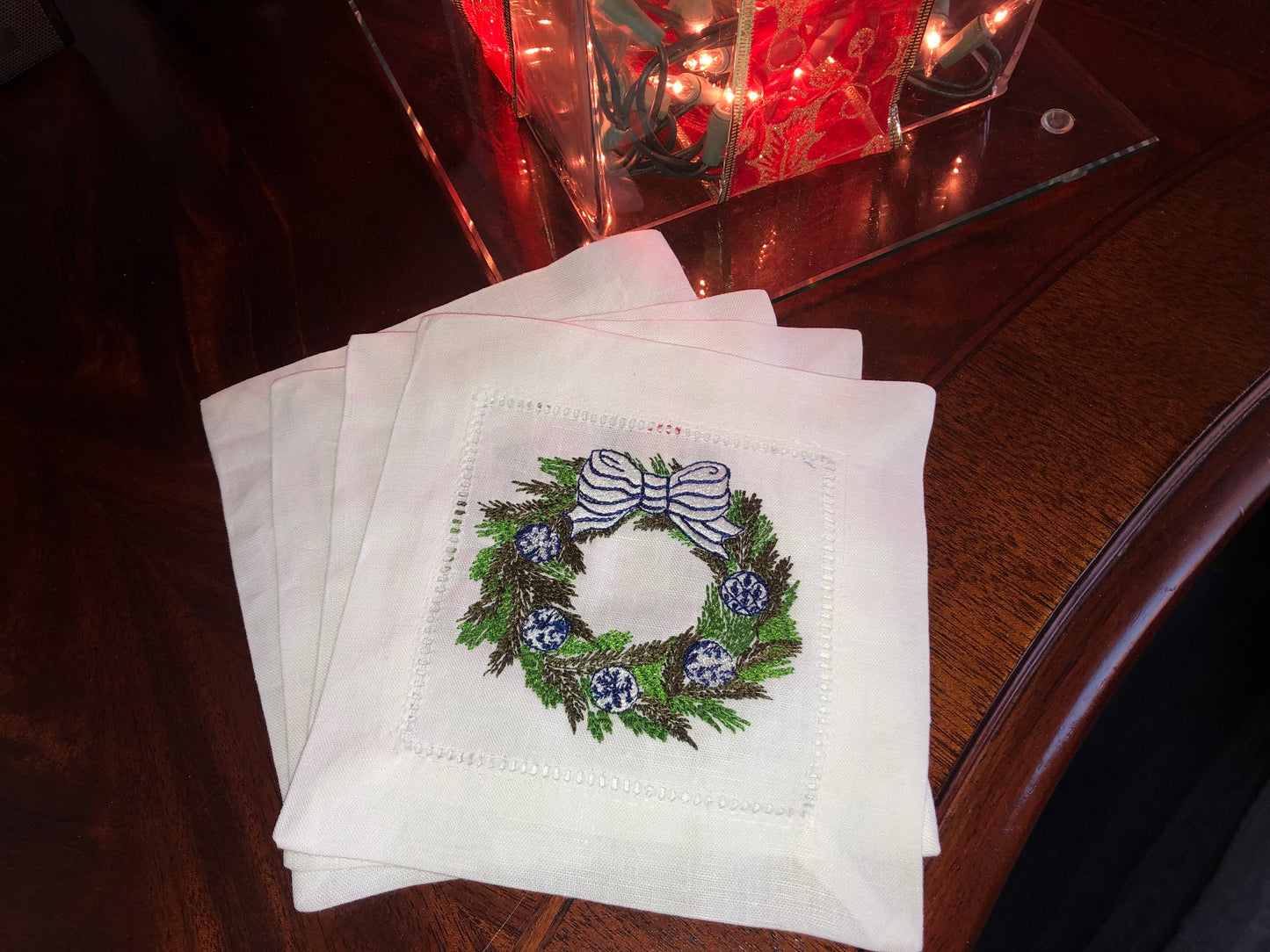White Linen Embroidered Blue Wreath Napkins