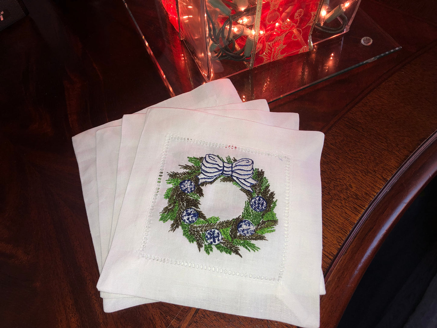 White Linen Embroidered Blue Wreath Napkins