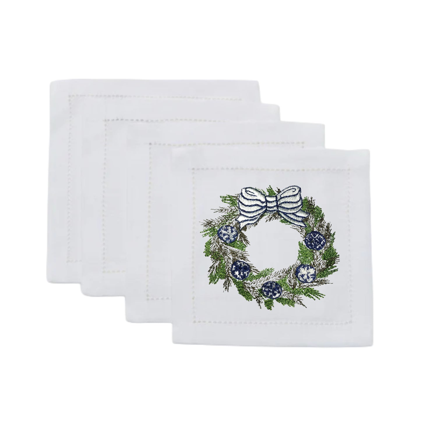 White Linen Embroidered Blue Wreath Napkins