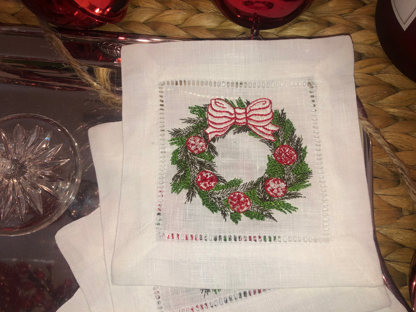 White Linen Embroidered Red Wreath Napkins