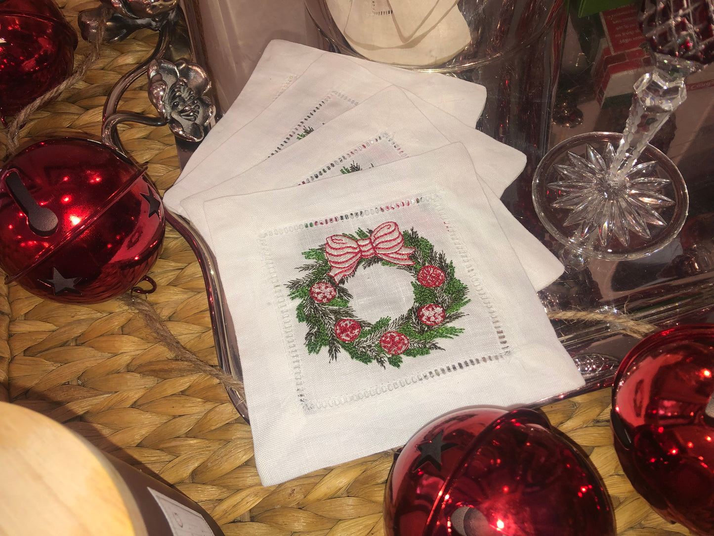 White Linen Embroidered Red Wreath Napkins