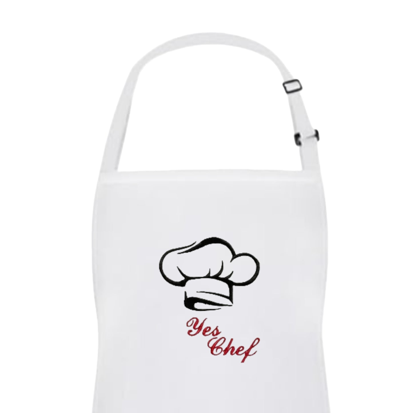 Embroidered White "Yes Chef" Apron with Adjustable Neck Strap and Front Pockets